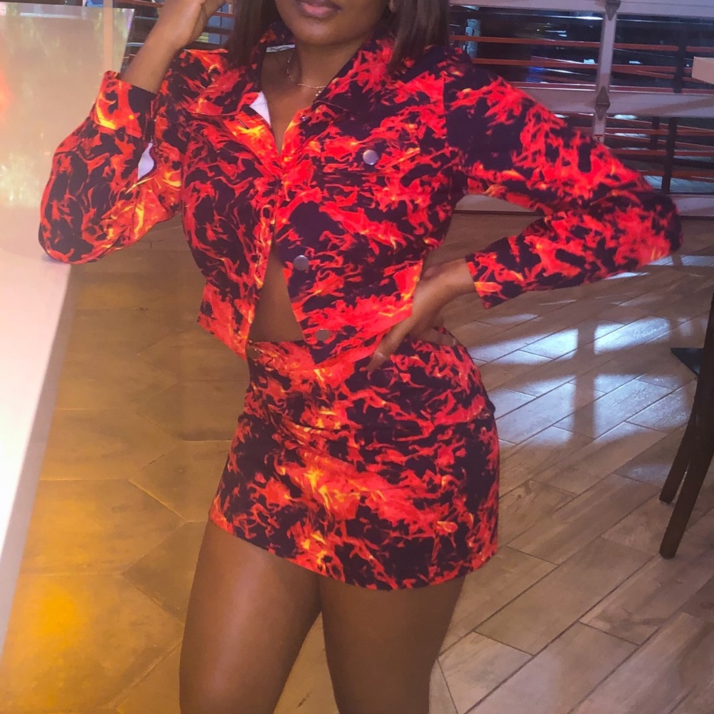 Two piece jacket and skirt set.